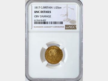 1817 GEORGE III GOLD HALF SOVEREIGN UNC DETAILS OBVERSE DAMAGE