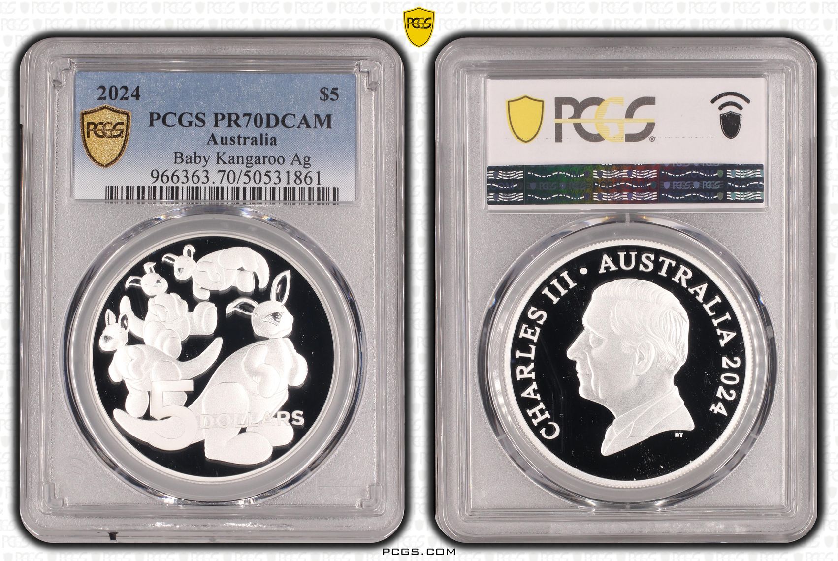Baby Kangaroo Ag, POP 4/0, Five Dollar, 2024, PCGS PR70DCAM