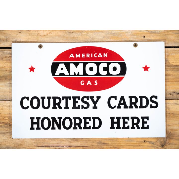 AMOCO American Gas Courtesy Cards Honored Here Double Sided Porcelain Sign TAC 9.75