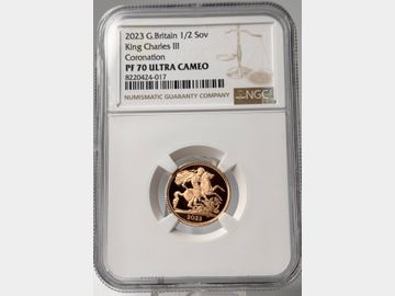 2023 CHARLES III PROOF GOLD HALF SOVEREIGN PF70 UCAM TOP POP!