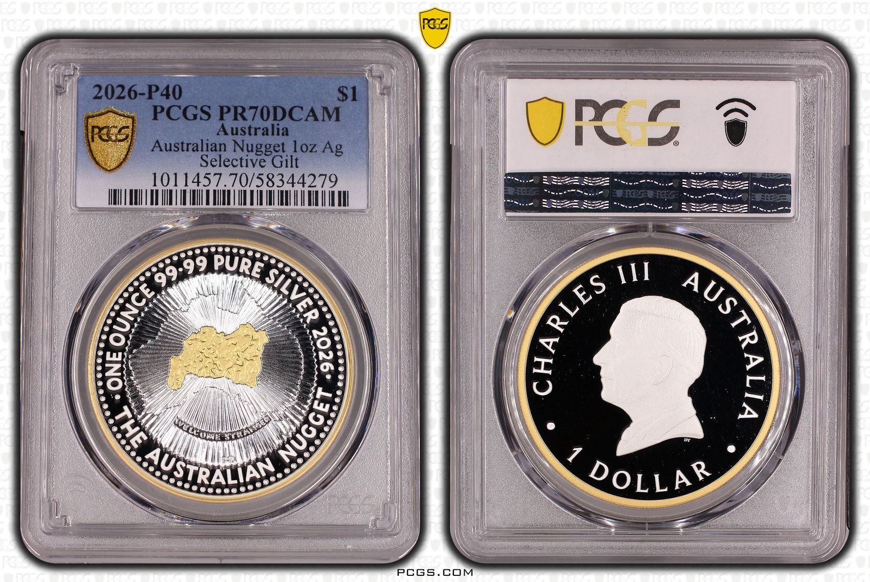 Australian Nugget 1oz Silver Selective Gilt, 5/0, One Dollar, 2026-P40, PCGS PR70DCAM