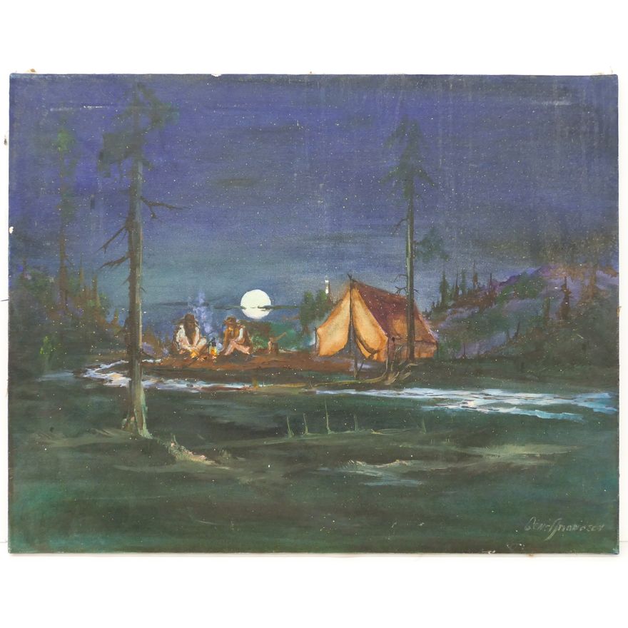 Gene Amondson ''River Campfire at Night'' Oil on Canvas 22''x28''
