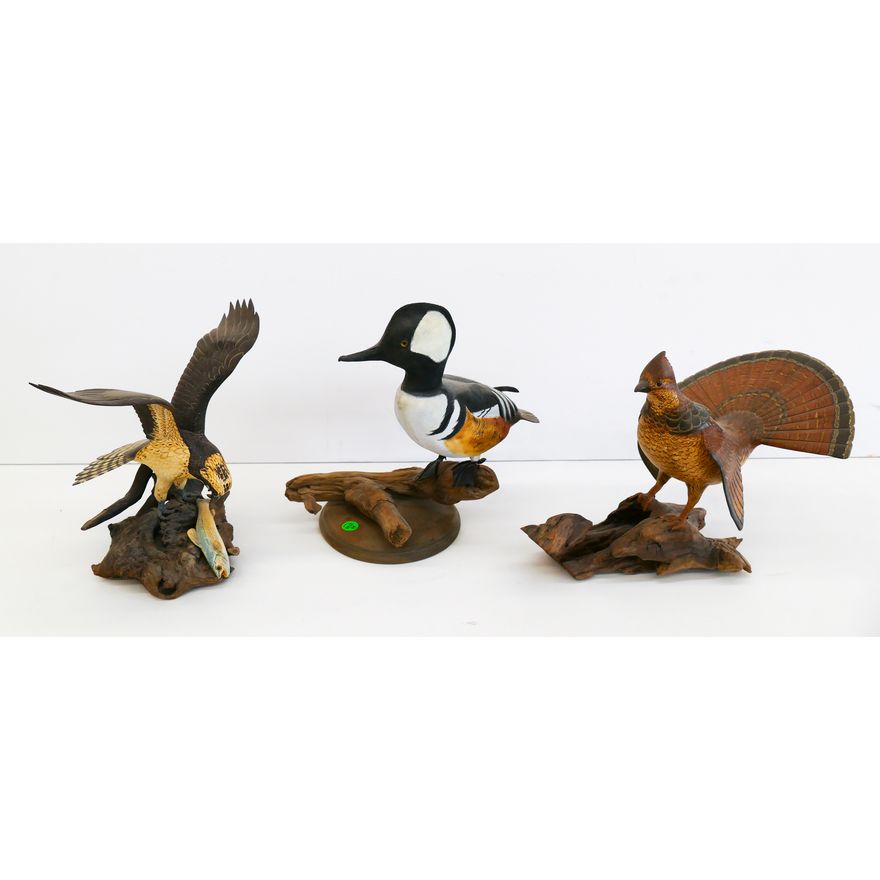 3pc Handcarved & Painted Wood Bird Models- Bob Gittens Etc- 11'' approx