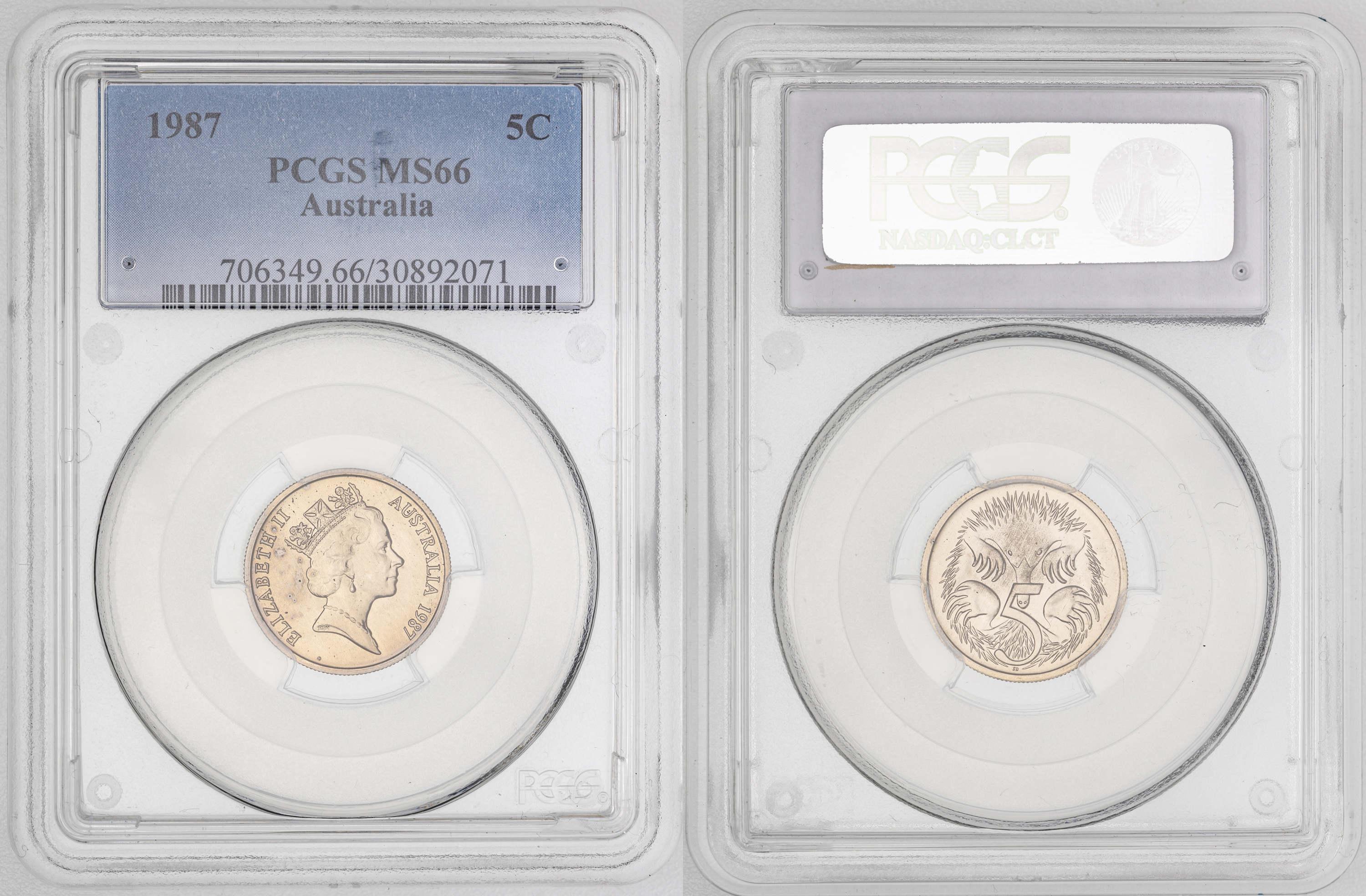 167 · Elizabeth II, Low Echidna , Five Cent, 1987, PCGS MS66
