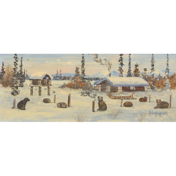 George Ahgupuk Dog Sled Camp Small Painting Framed 8.5''x14''