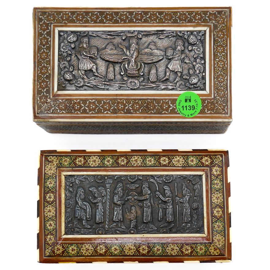 2pc Old Persian Khatam Inlaid Silver Repousse Table Boxes 6" Approx.