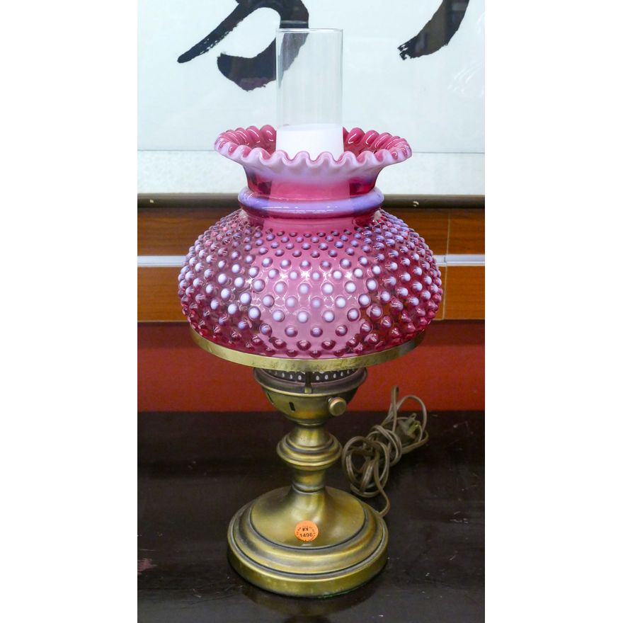 Fenton Cranberry Hobnail Hurrican Lamp 17''