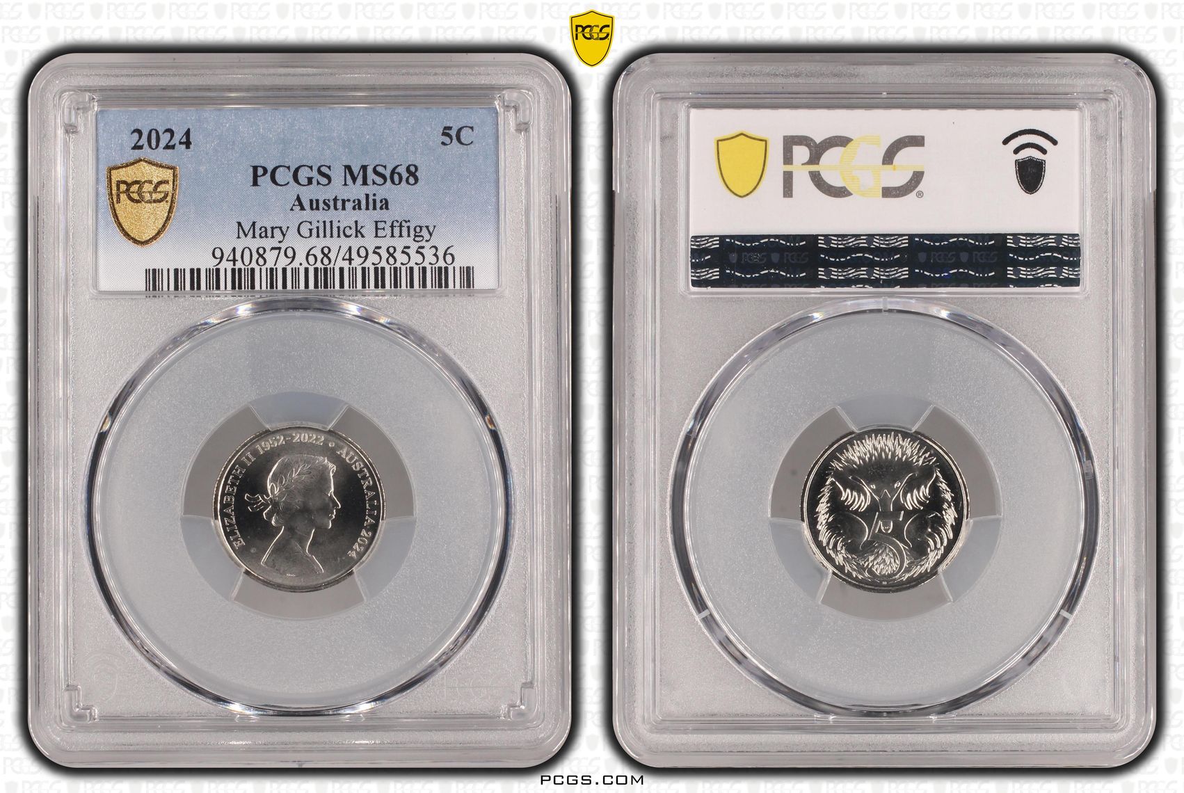 128 · Elizabeth II, Mary Gillick Effigy , Five Cent, 2024, PCGS MS68