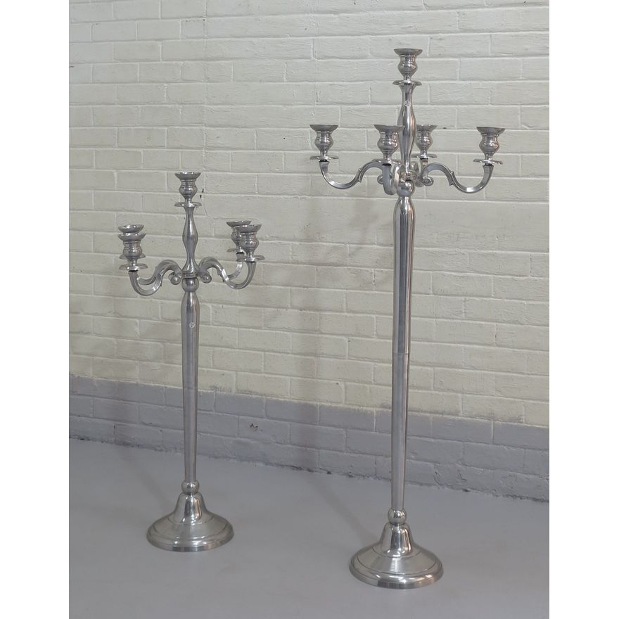 LARGE NICKEL FIVE-LIGHT CANDELABRA AND ANOTHER