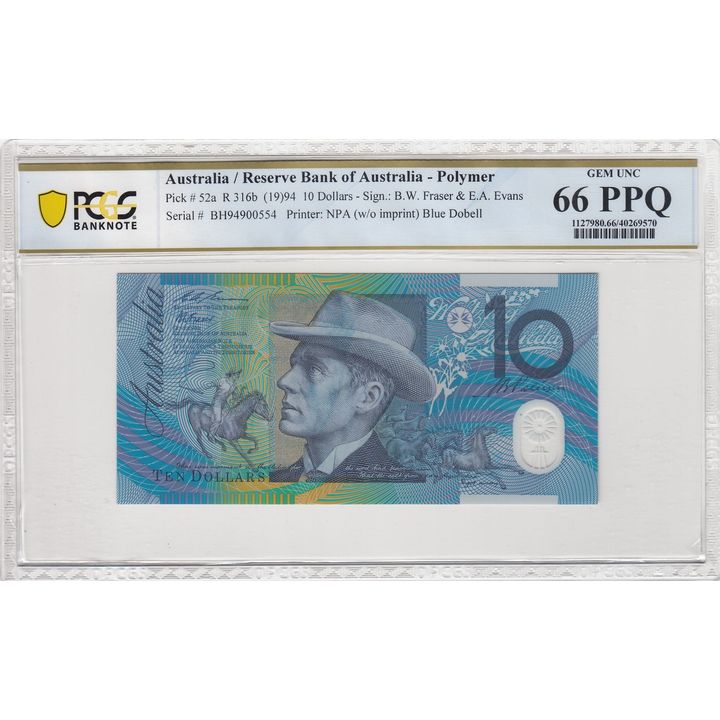 1994 Australia $10 Banknote Fraser/Evans Gem Unc 65 PPQ Blue Dobell - R.316b