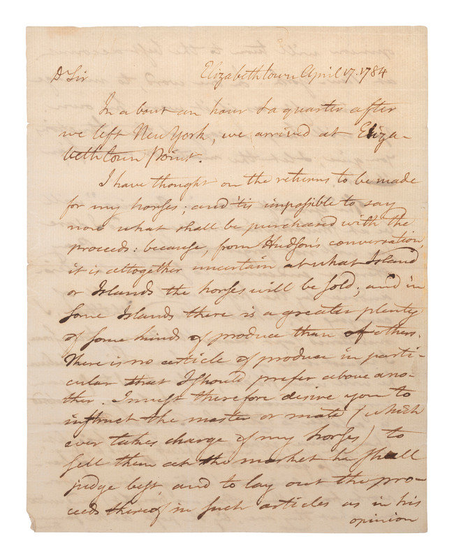 PICKERING, Timothy (1745-1829). Autograph letter signed ("Tim Pickering"), to Peter Anspach and Messr. Wolfe. Elizabethtown, 17 April 1784. 