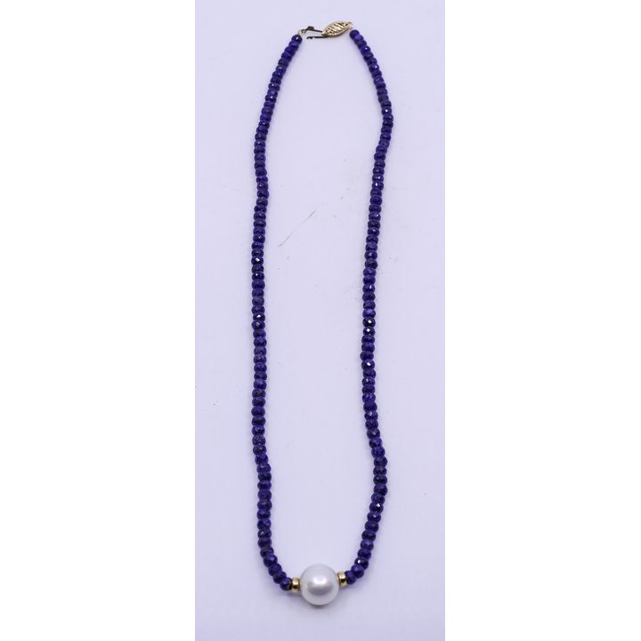 14K Carved Lapis Bead & Real Pearl Necklace- 16''
