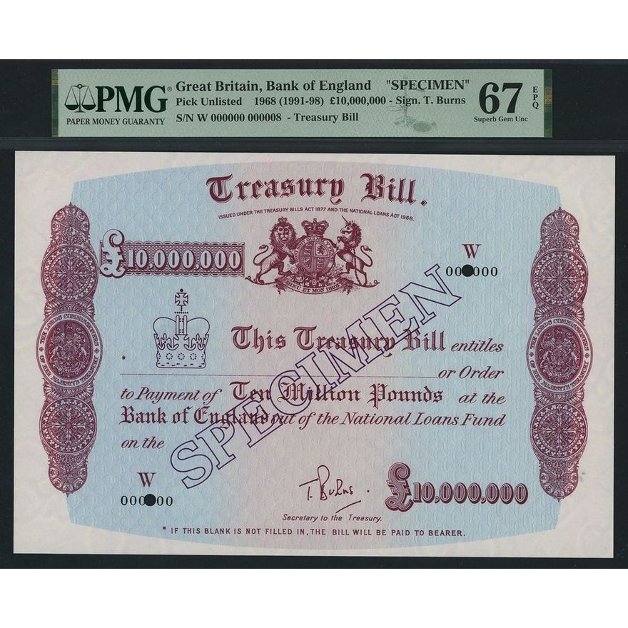 Bank of England, Treasury Bill, specimen £10,000,000, 1968 (1991-98 ...