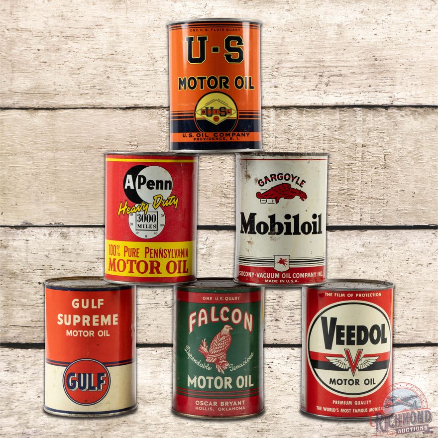 Group of 6 Metal Motor Oil Quart Cans U.S. Gulf Gargoyle Veedol & More