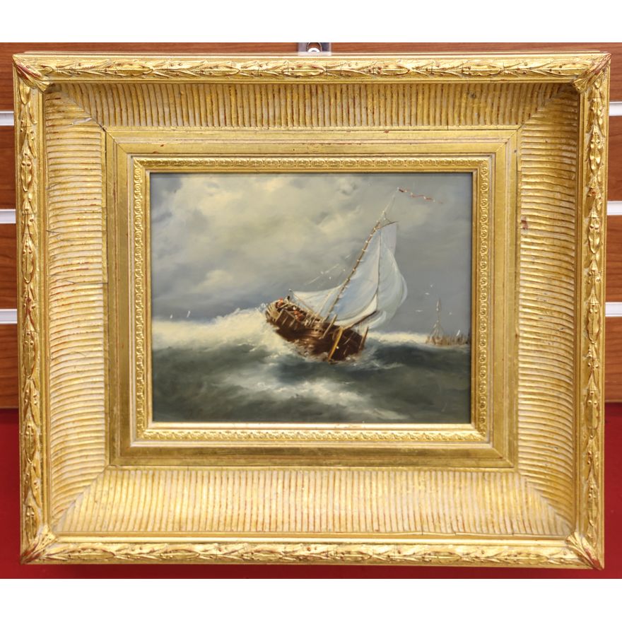 J. Redert ''Rough Seas'' (Brown Ship) Oil Painting Gilt Framed