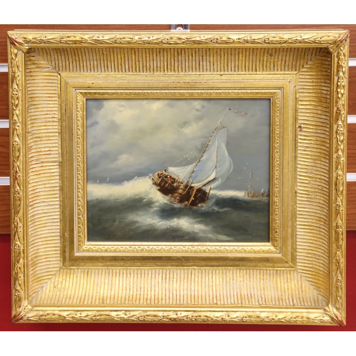 J. Redert ''Rough Seas'' (Brown Ship) Oil Painting Gilt Framed
