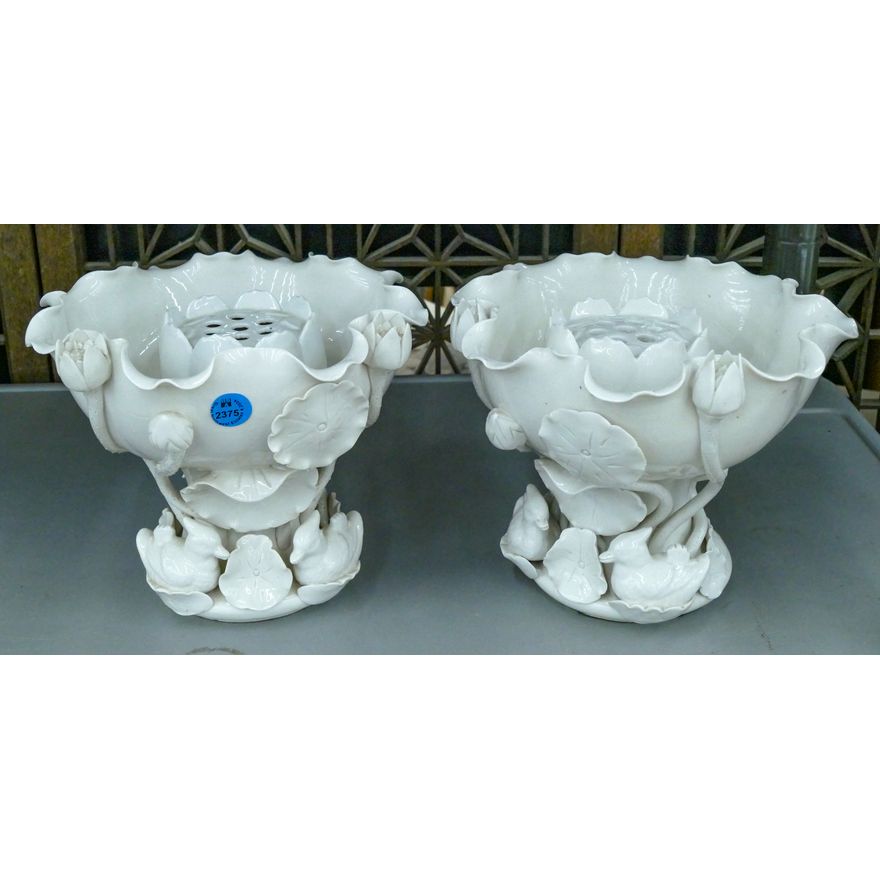 Pair Blanc De Chine Lotus Pedestal Bowls 8''