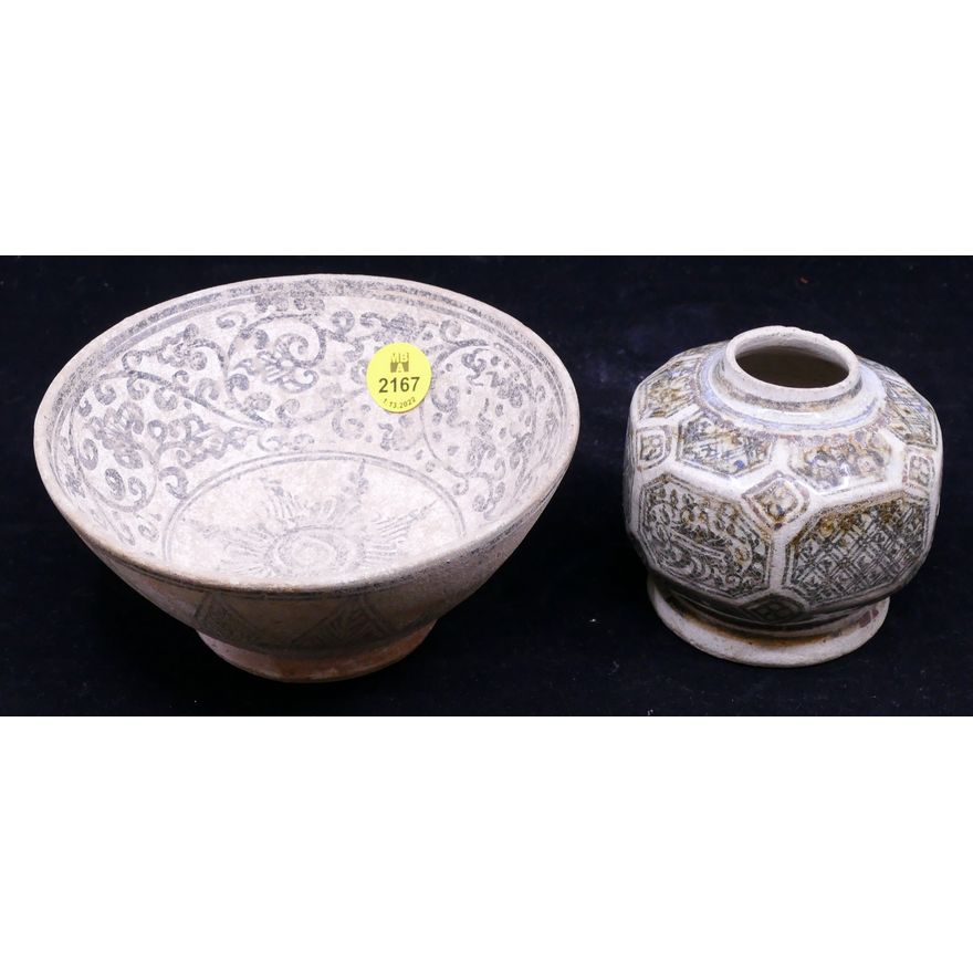 2pc Thai Sawankhalok 15th Century Bowl & Jar- 3'' and 5.5''