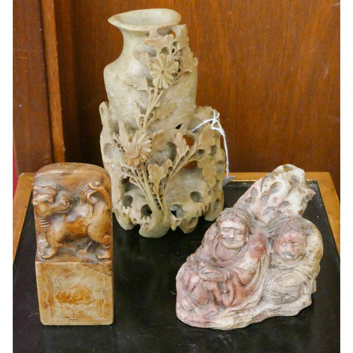 3pc Old Chinese Soapstone Carvings 4'' to 8'' - Seal, Hehe Twins, and Flower Vase