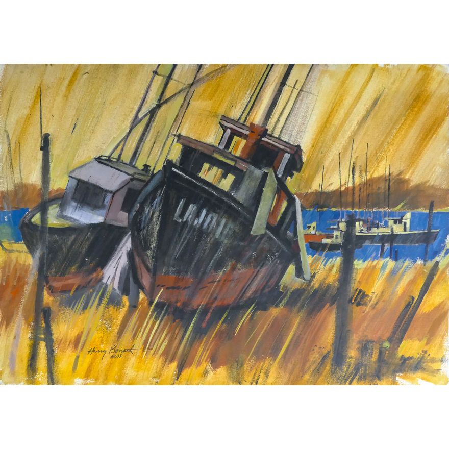 Harry Bonath ''Beached Boats'' Signed Pastel Framed 27.25''x39.25''