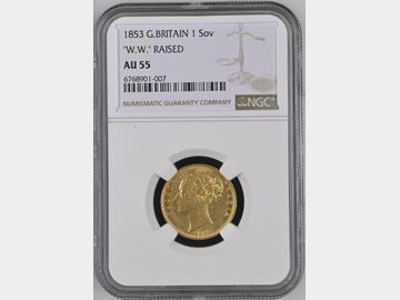 1853 VICTORIA W.W RAISED SHIELD GOLD SOVEREIGN AU55