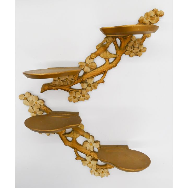 Pair Vintage Syroco Wood Bird & Floral Wall Shelves- 13''