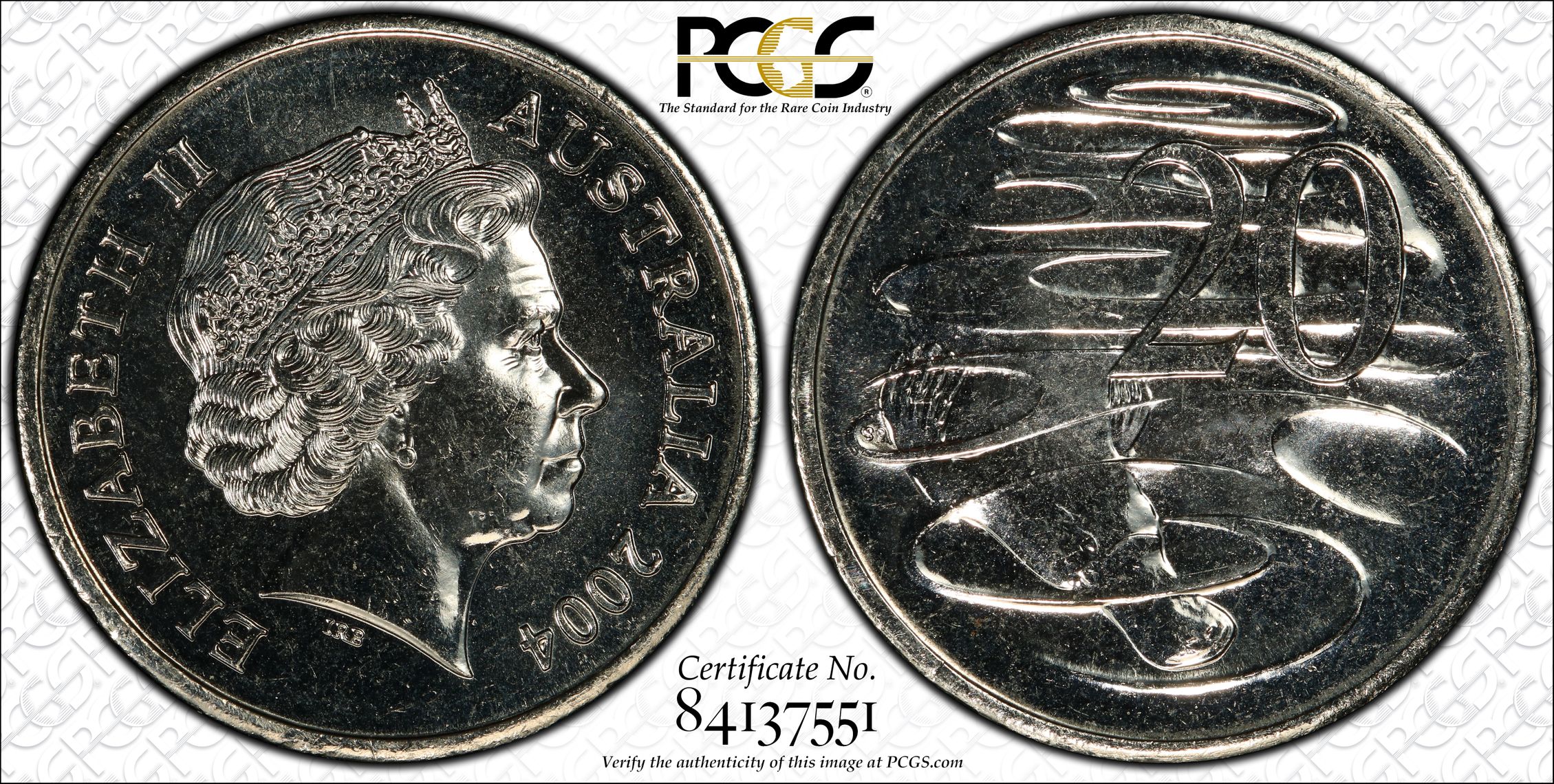 Elizabeth II, Small Head, Twenty Cent, 2004, PCGS MS65