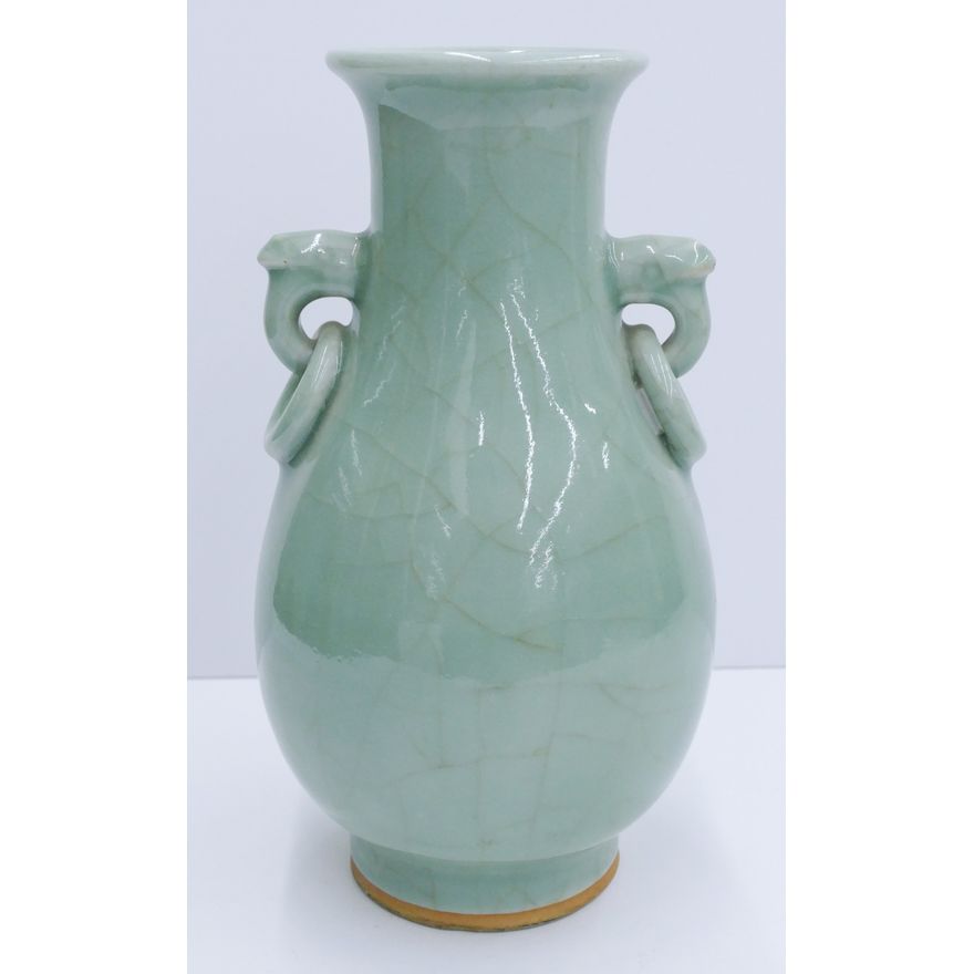 Chinese Qing Celadon Ge Crackle Handled Vase
