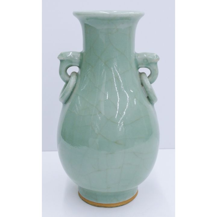 Chinese Qing Celadon Ge Crackle Handled Vase