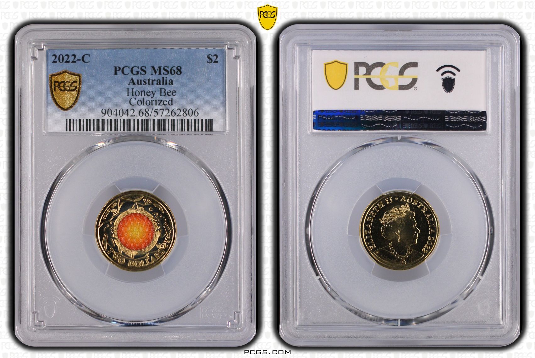 Honey Bee Colourised, Two Dollar, 2022-C, PCGS MS68
