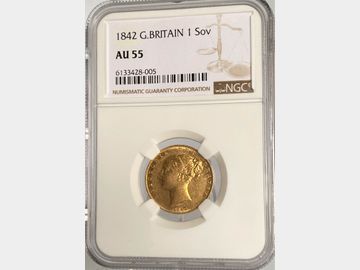 1842 VICTORIA YOUNG HEAD 'OPEN 2 VARIETY' SHIELD GOLD SOVEREIGN AU55