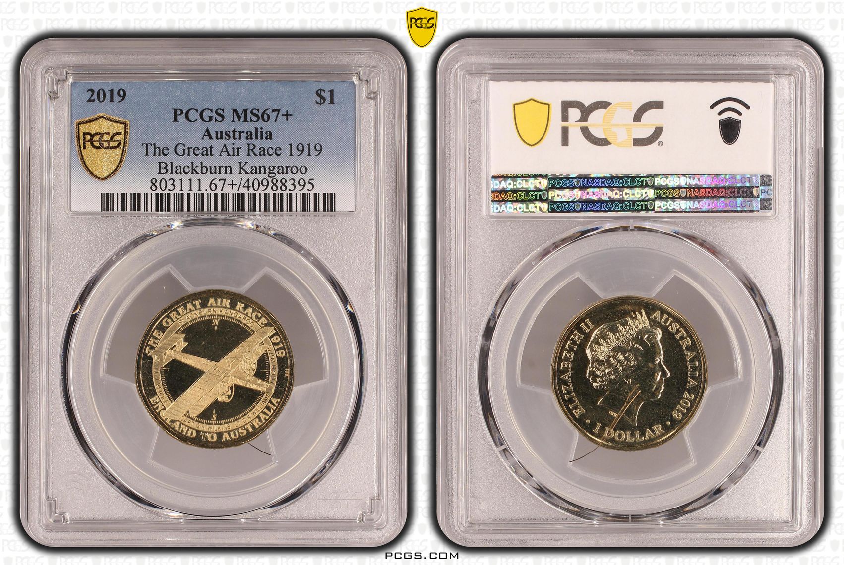 411 · 2019 Australia One Dollar, $1 The Great Air Race 1919 Blackburn Kangaroo PCGS - MS67+ -395