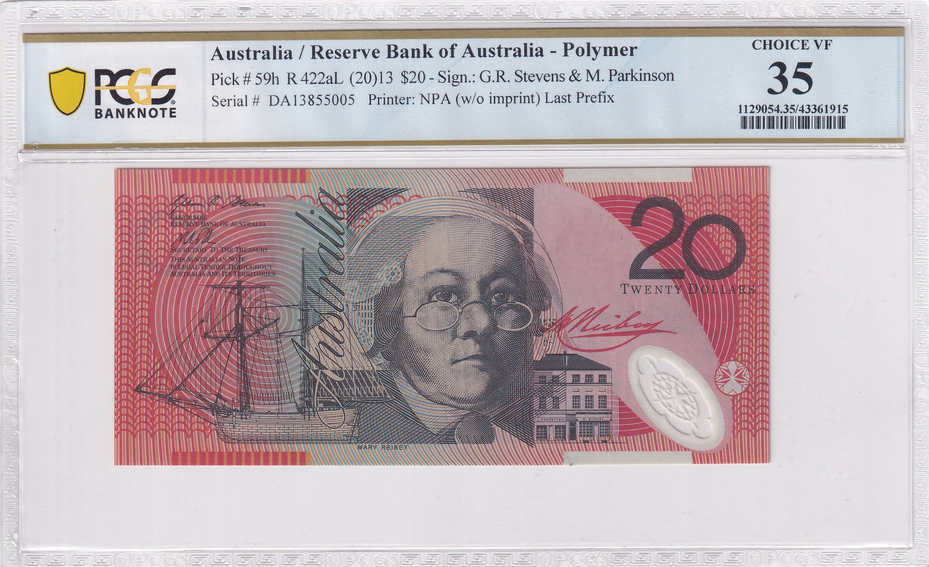 111 · R. 422aL, RBA, Polymer, NPA (w/o imprint), Sign.: G.R. Stevens & M. Parkinson, Last Prefix, Twenty Dollar, 2013, PCGS - Choice VF 35
