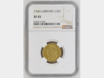 1760 GEORGE II (LAST YEAR OF ISSUE) GOLD HALF GUINEA XF45