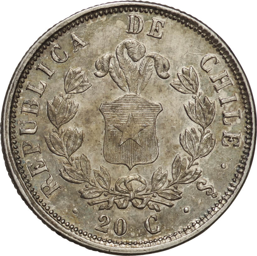 チリ-Chile. 1861. Silver. 20センタボ(Centavo). 極美. EF. コンドル 