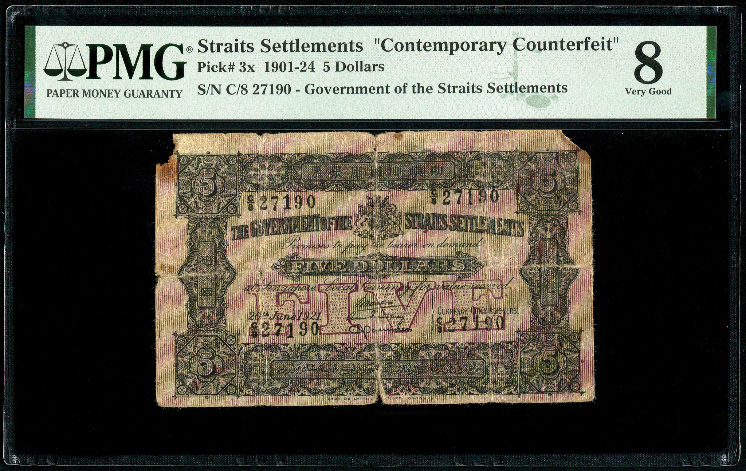 Straits Settlements, $5, 1921, Contemporary Counterfeit, PMG 8 