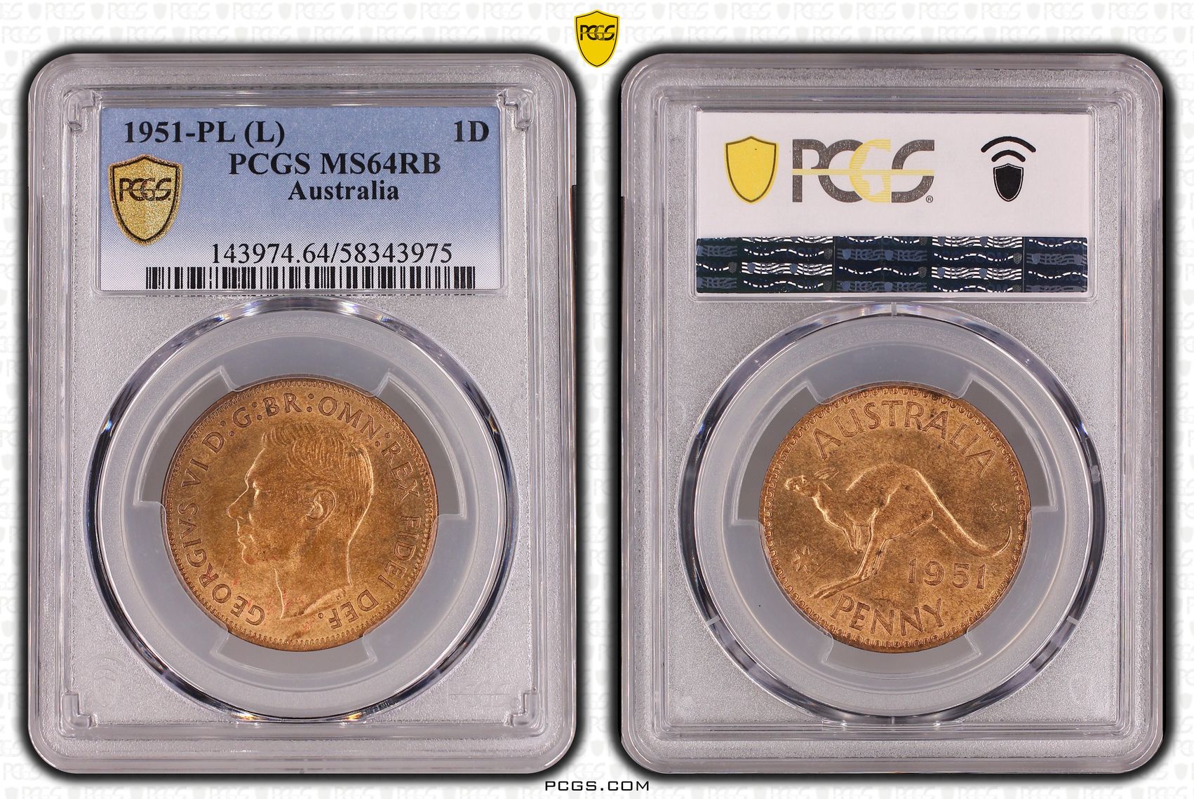 George VI, Penny, 1951-PL, PCGS MS64RB