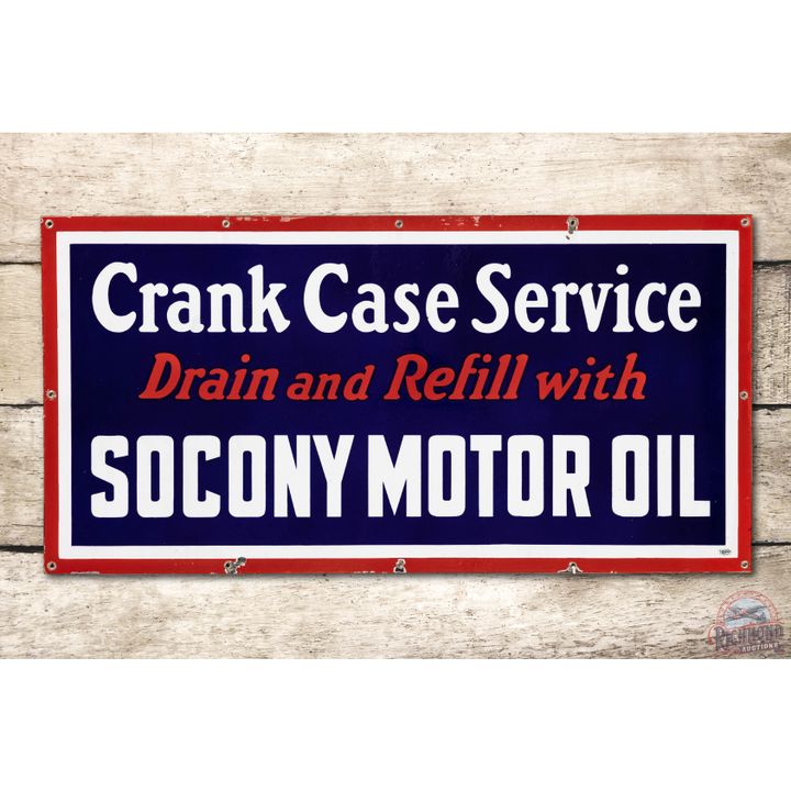 Crank Case Service Drain & Refill w/ Socony Motor Oil Porcelain Sign TAC 9