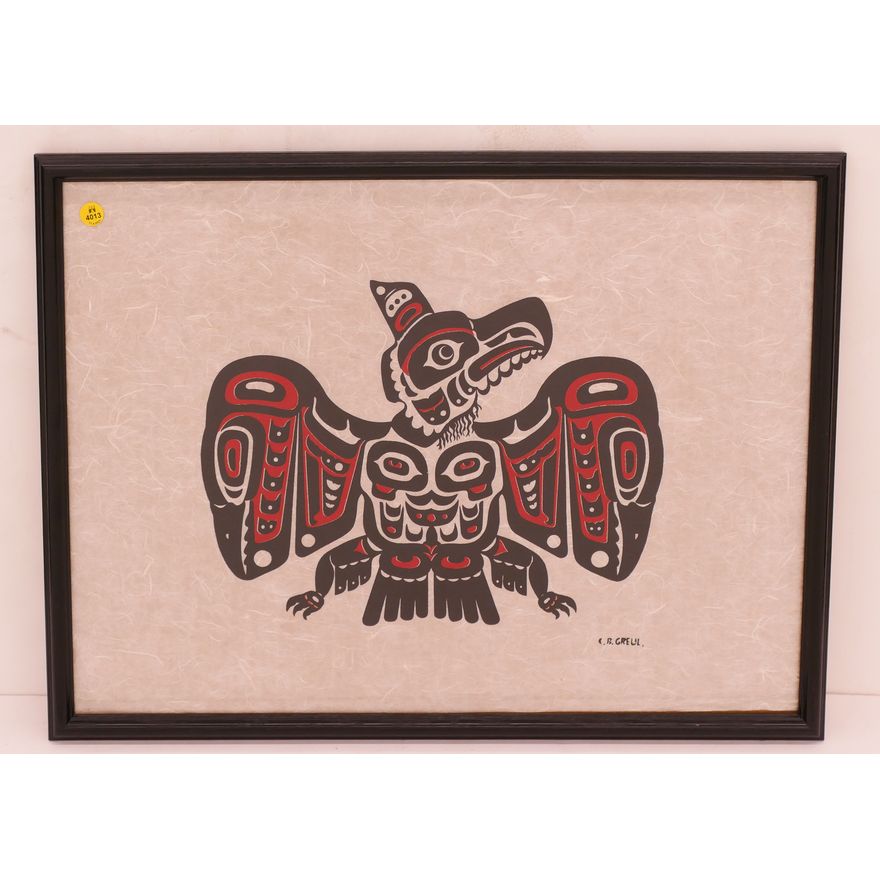 C.B Greul (b.1923) NW Coast Native Style Eagle Totem Serigraph on Handmade Paper.