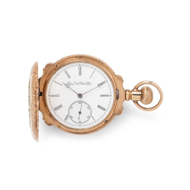 ELGIN, 14K TRICOLOR GOLD AND DIAMOND HUNTER CASE POCKET WATCH