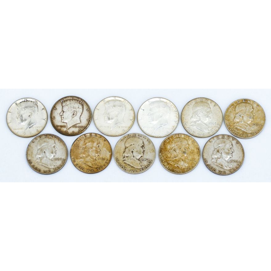 Box 10pc US Franklin & Kennedy Silver Half Dollars
