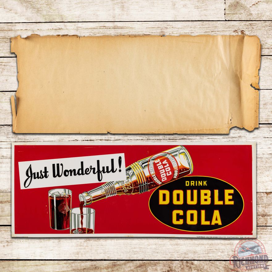Amazing NOS Drink Double Cola "Just Wonderful!" Emb Single Sided Tin Sign w/ Glass & Bottle w/ Paper