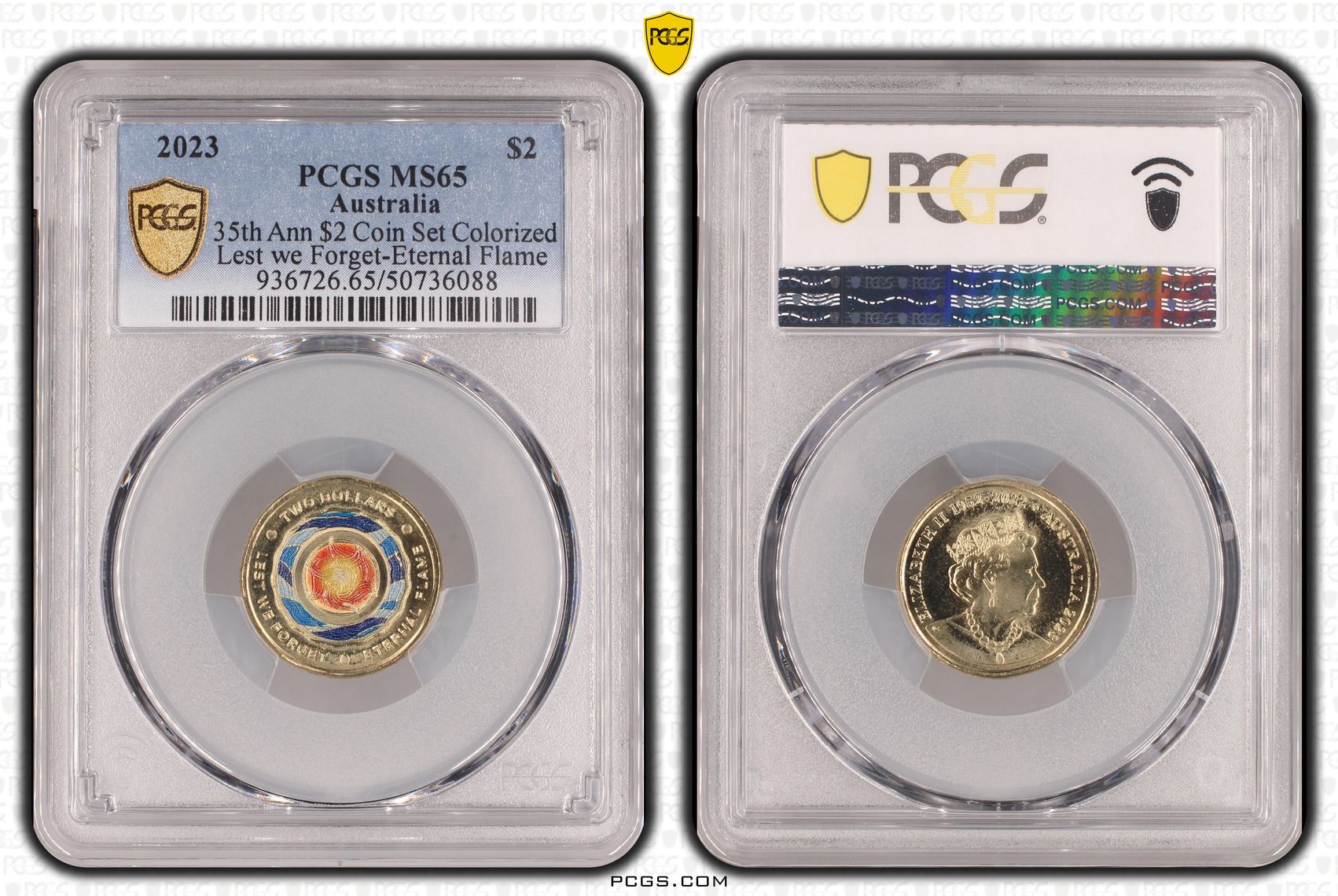 35th Ann $2 Coin Set Colorized Lest we Forget-Eternal Flame , Two Dollar, 2023, PCGS MS65