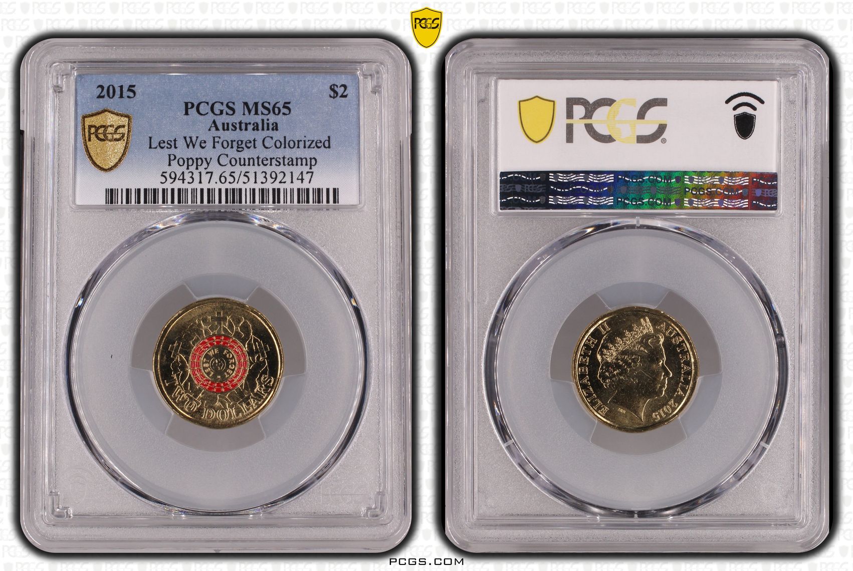 Lest We Forget Colorized Poppy counterstamp, Two Dollar, 2015, PCGS MS65