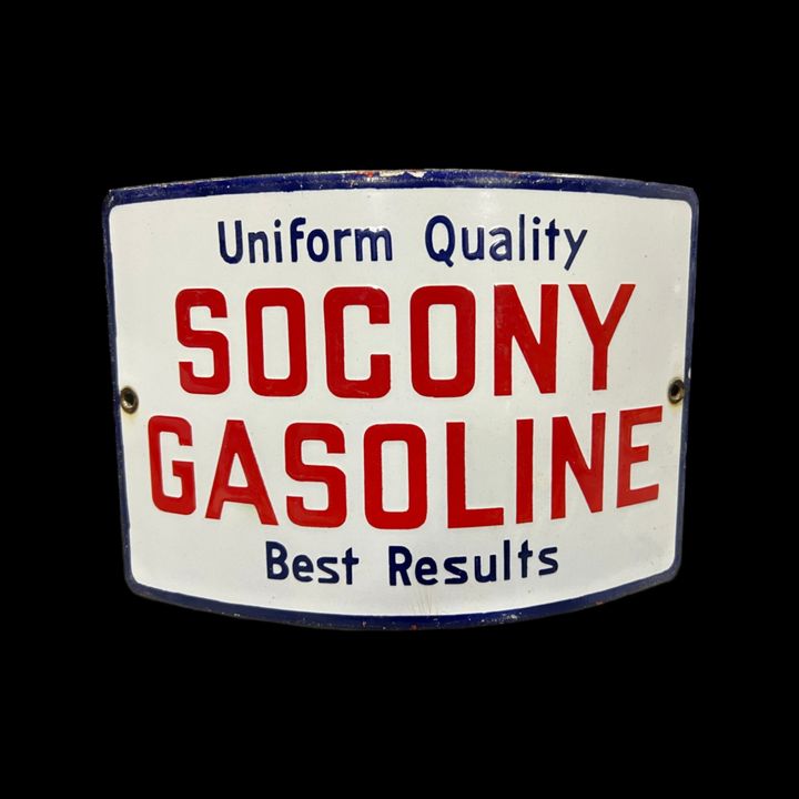 Uniform Quality Socony Gasoline Best Results Curved Porcelain Sign