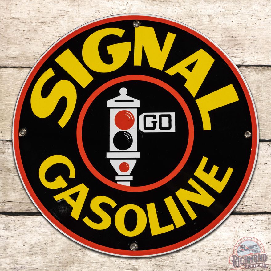 Outstanding Signal Gasoline Single Sided Porcelain Pump Plate Sign w/ Logo