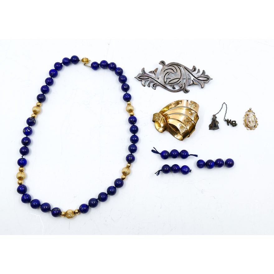 Box 14k Lapis Necklace & Sterling Brooches