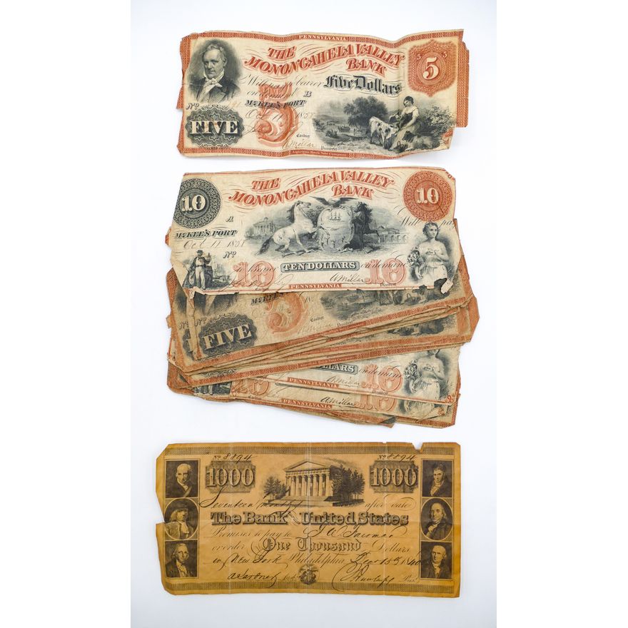 16pc Antique Monongahela Valley Bank Notes $5 and $10