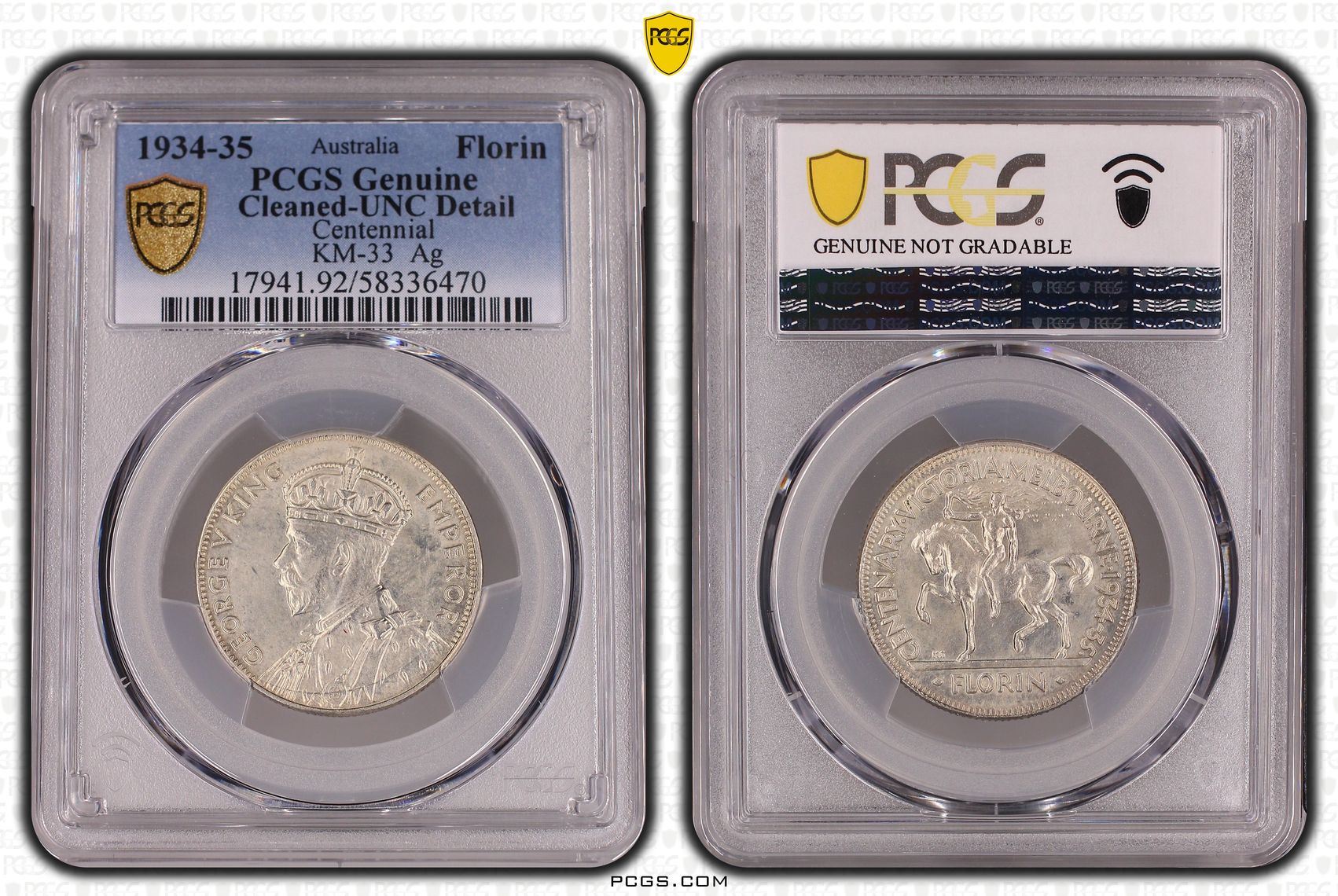 George V, Centennial KM-33 Silver, Florin, 1934-35, PCGS Genuine - UNC Details (92 - Cleaned)