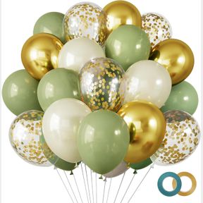 RUBFAC 65 PCS 12 INCHES SAGE GREEN GOLD CONFETTI BALLOONS KIT, GREEN GOLD SAND WHITE PARTY BALLOONS WITH RIBBONS FOR TIANA BIRTHDA